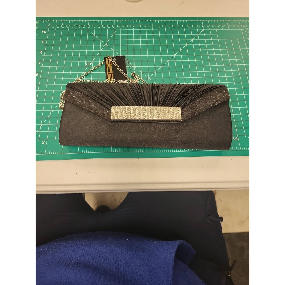 Sasha Handbags New York Black Clutch Evening‎ Bag Rhinestone Accent Chain Strap